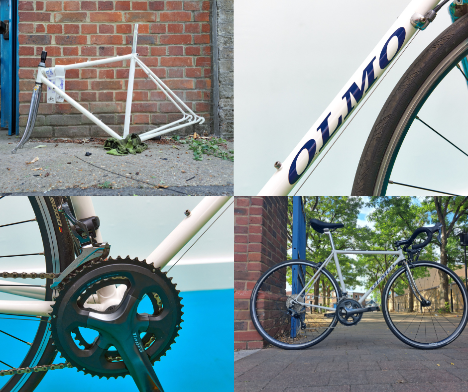 Four photos showing the progression of a bike refurbishment.