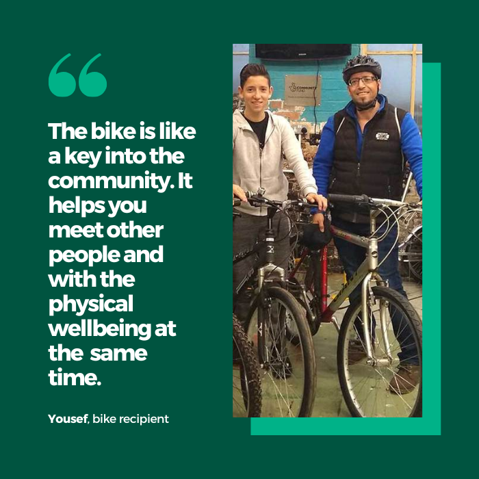 A father and son with their bikes next to a quote "The bike is like a key into the community. It helps you meet other people and with the physical wellbeing at the same time."